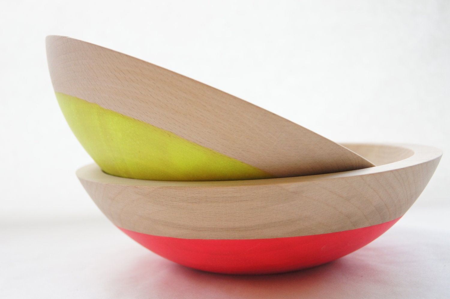 Wooden Salad Bowl, 7" Set of 2, Neon Pink, Neon Yellow, Summer Party, Salad Bowl