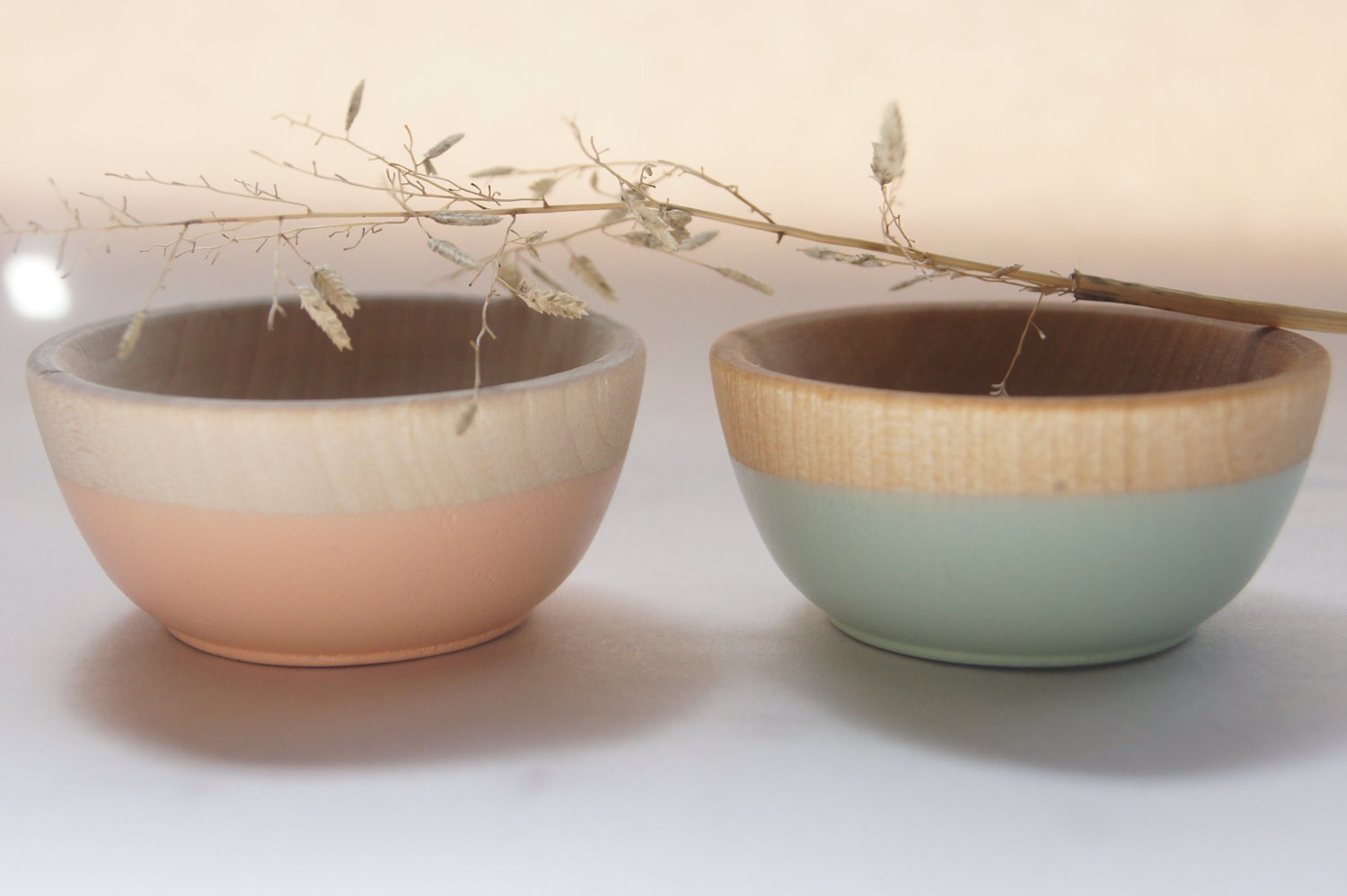 Wooden Mini Bowl Set of Two: Mint Green and Peach
