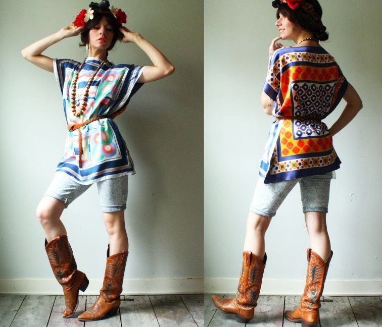 reserved for joyce handmade batwing caftan tunic dress. vintage silk blouse. size small to medium. pastel and aztec prints.