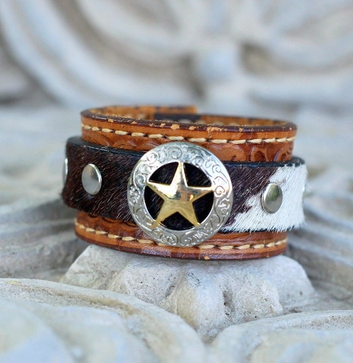 SALELeather Cuff Belt Bracelet with Texas Star
