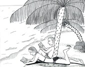 reading at the beach 8x10 inch balck and white ink illustration print on paper. teenage room wall décor good as Valentine gift