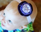 The Kami. Triple layer purple fabric flower baby headband with rhinestone accent and satin elastic band