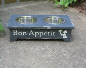 shabby chic elevated pet feeder for small dog or cat, 5 inches tall, 1 quart stainless steel bowls, hand painted and distressed