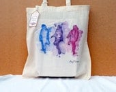 Canvas cotton tote bag , blue purple pink girls, fashion illustration