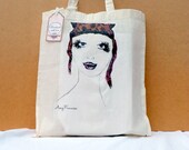 Canvas Tote bag, fashion illustrated, floral, pink girls head