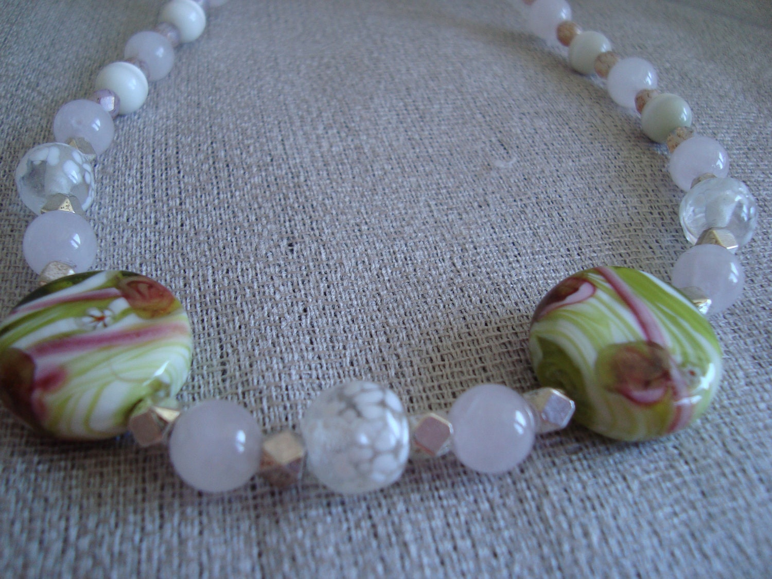 Rose Quartz Necklace with Green-Swirl Beads