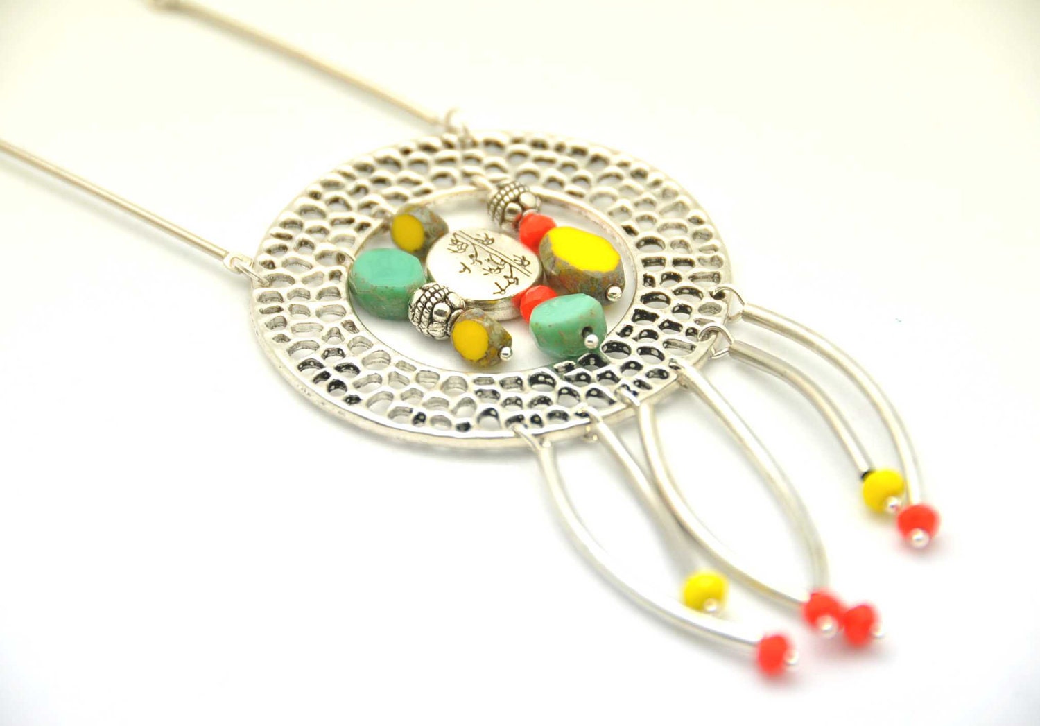 Delight "catcher" necklace made with turquoise and yellow czech glass opaque beads, Picasso table cut, yellow and orange lovely crystals - BBTAR