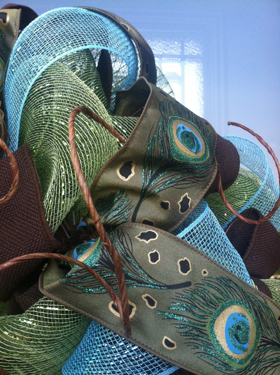 Peacock and Twig deco mesh Wreath