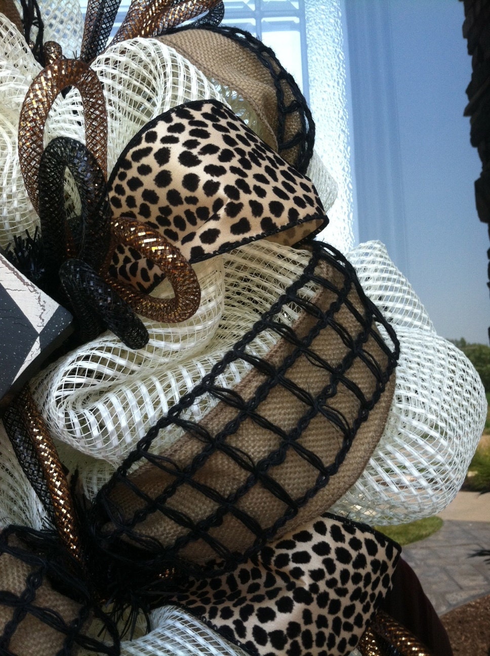 Cream Burlap and Black Cross deco mesh Wreath