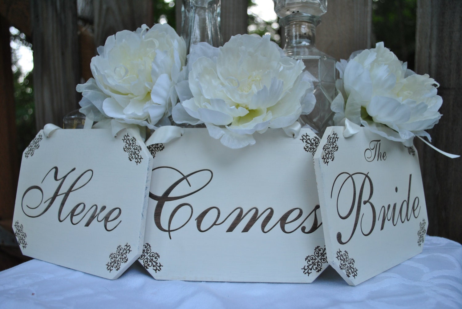 Vintage Inspired "Here Comes The Bride" set of three painted engraved wood signs