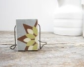 Rustic woodland style wood pendant 1"x1.5", on 18" or 30" chain.Reversible, hand finished, lime green, brown, grey-blue.