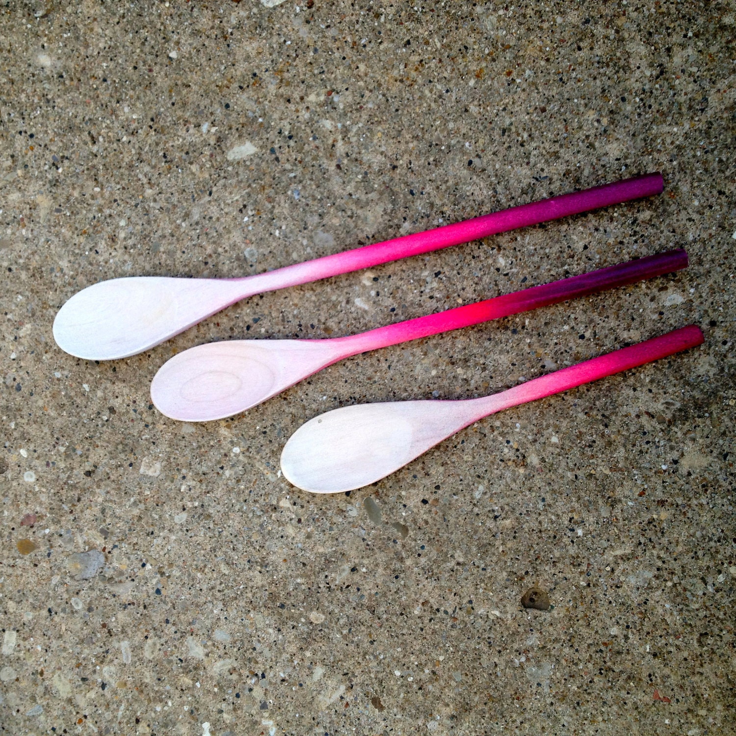 Set of three wooden ombre spoons in pinky purples