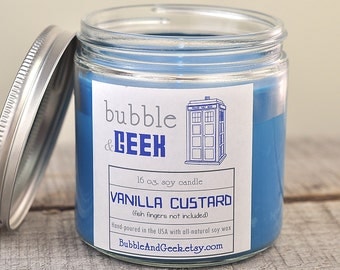 Vanilla Custard Scented Soy Candle - 16 oz. jar - Fish fingers not included - Police Box Blue