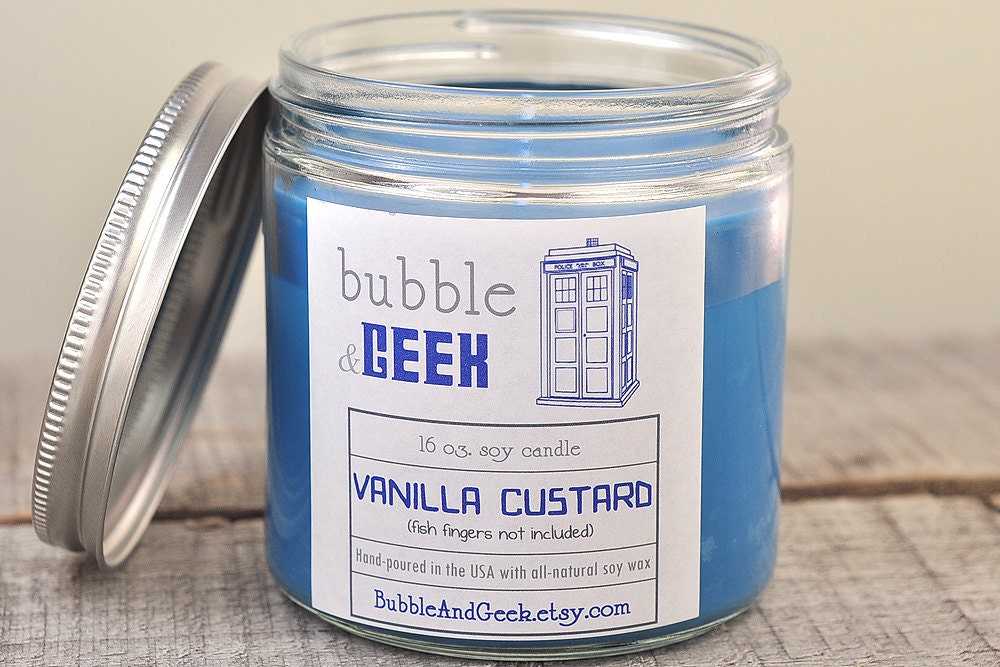 Vanilla Custard Scented Soy Candle - 16 oz. jar - Fish fingers not included - Police Box Blue