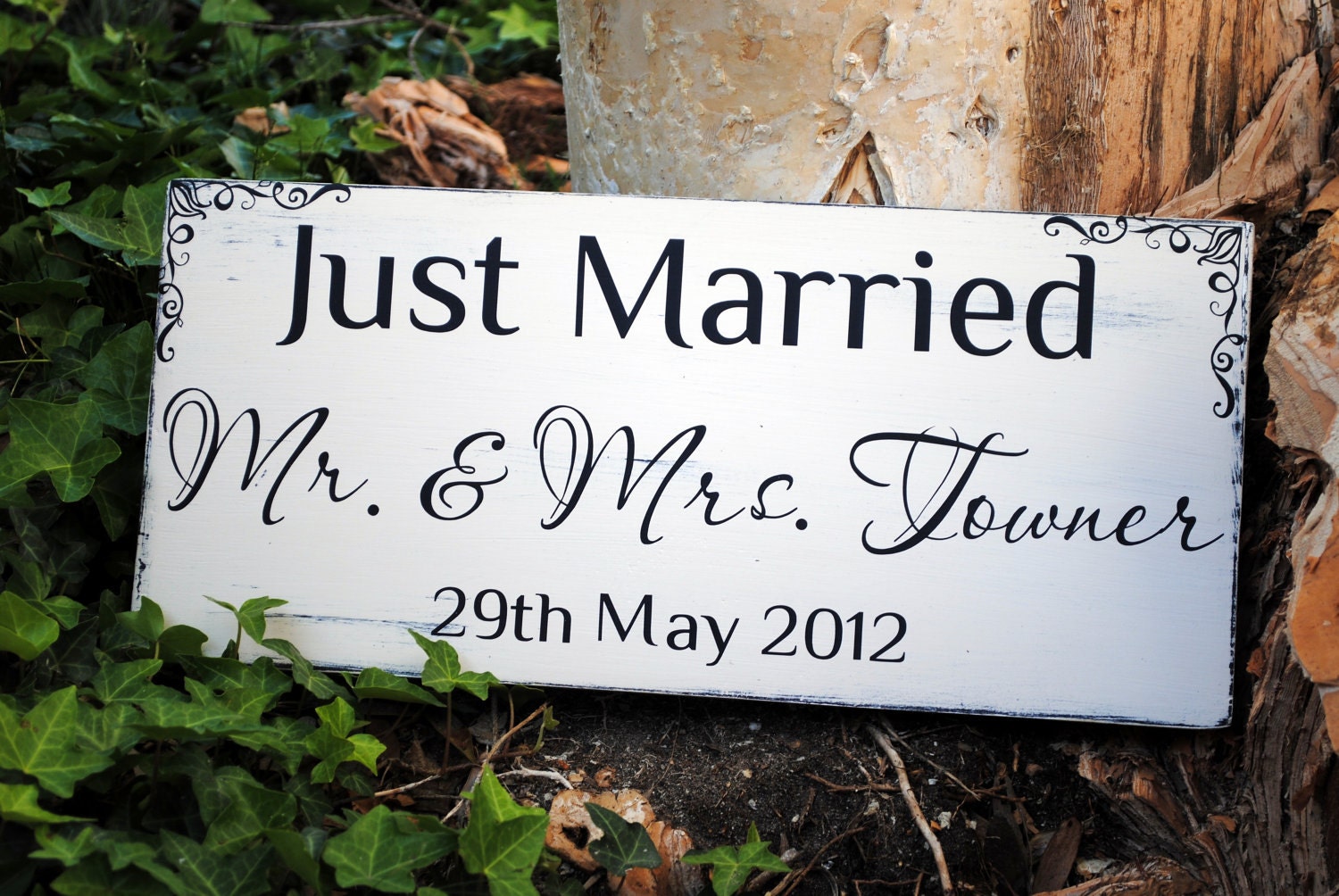 Custom Distressed Just Married Wedding Sign with Last Names and Wedding Date
