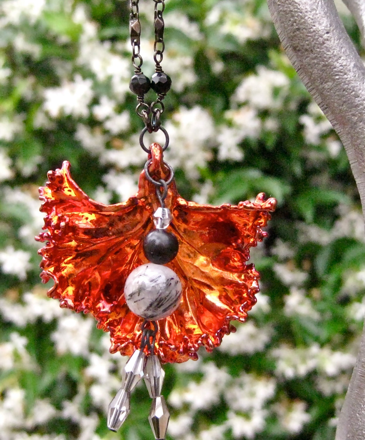 Copper Dipped Kale Pendant with Tourmalated Quartz and Obsidian Drop