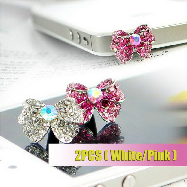 2PCS Alloy crystal bowknot plug handmade for iPhone 4 or iphone 4s Mobile beauty accessories (white/pink)