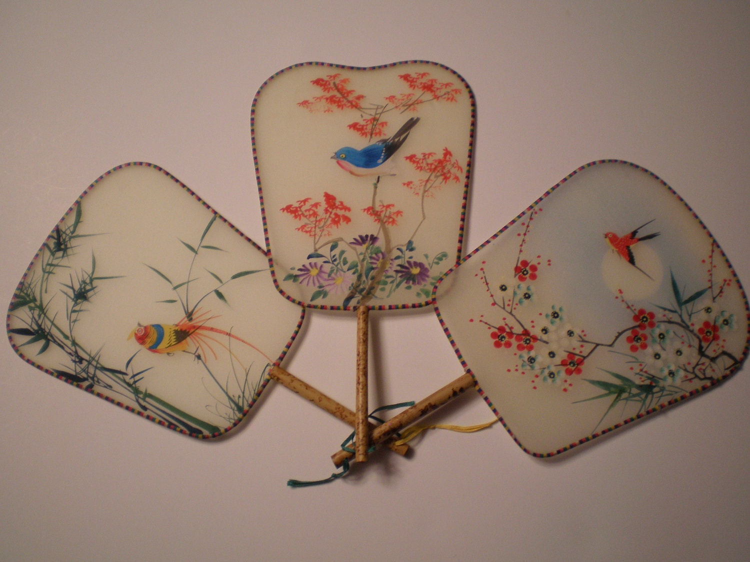 3 Silk Hand Painted Fans Bamboo Handles