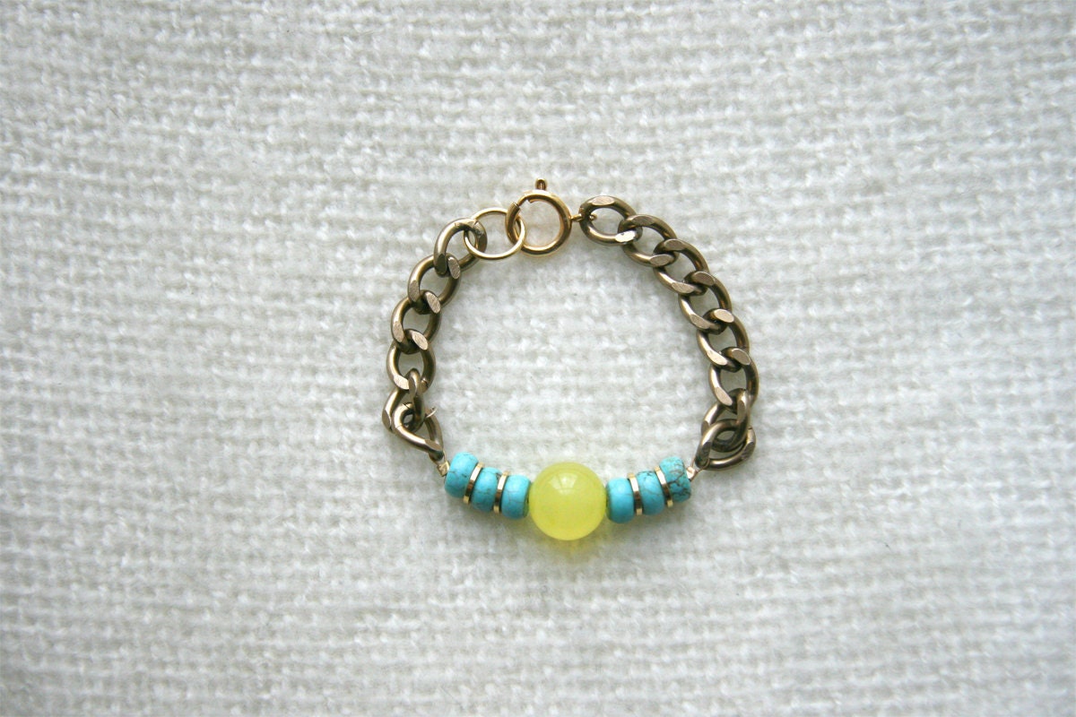 Turquoise and Yellow, Bead and Chain Bracelet