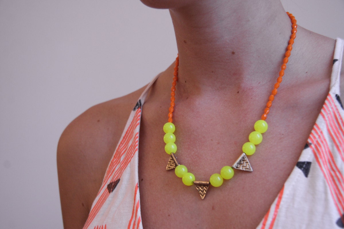 Neon Yellow, Orange Chevron Bead Necklace