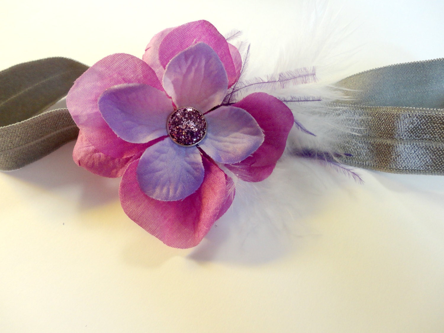 Purple flower headband, Feather headband, Childrens headband, Photo Prop, Purple with feathers