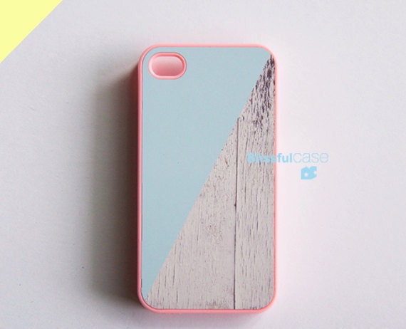 iphone case - skyblue and white wood color block with pink case (BlissfulCASE Yellow line)