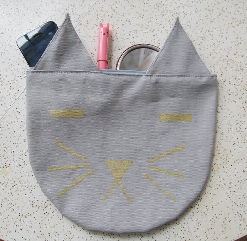 Gray with Gold Cat Pouch Carry-All Bag
