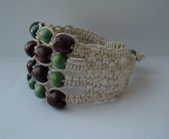 Macrame Bracelet, Cuff, Statement, Fibre Bracelet, Boho Jewelry, Green Brown Beige, Beaded, Wooden Beads, OOAK