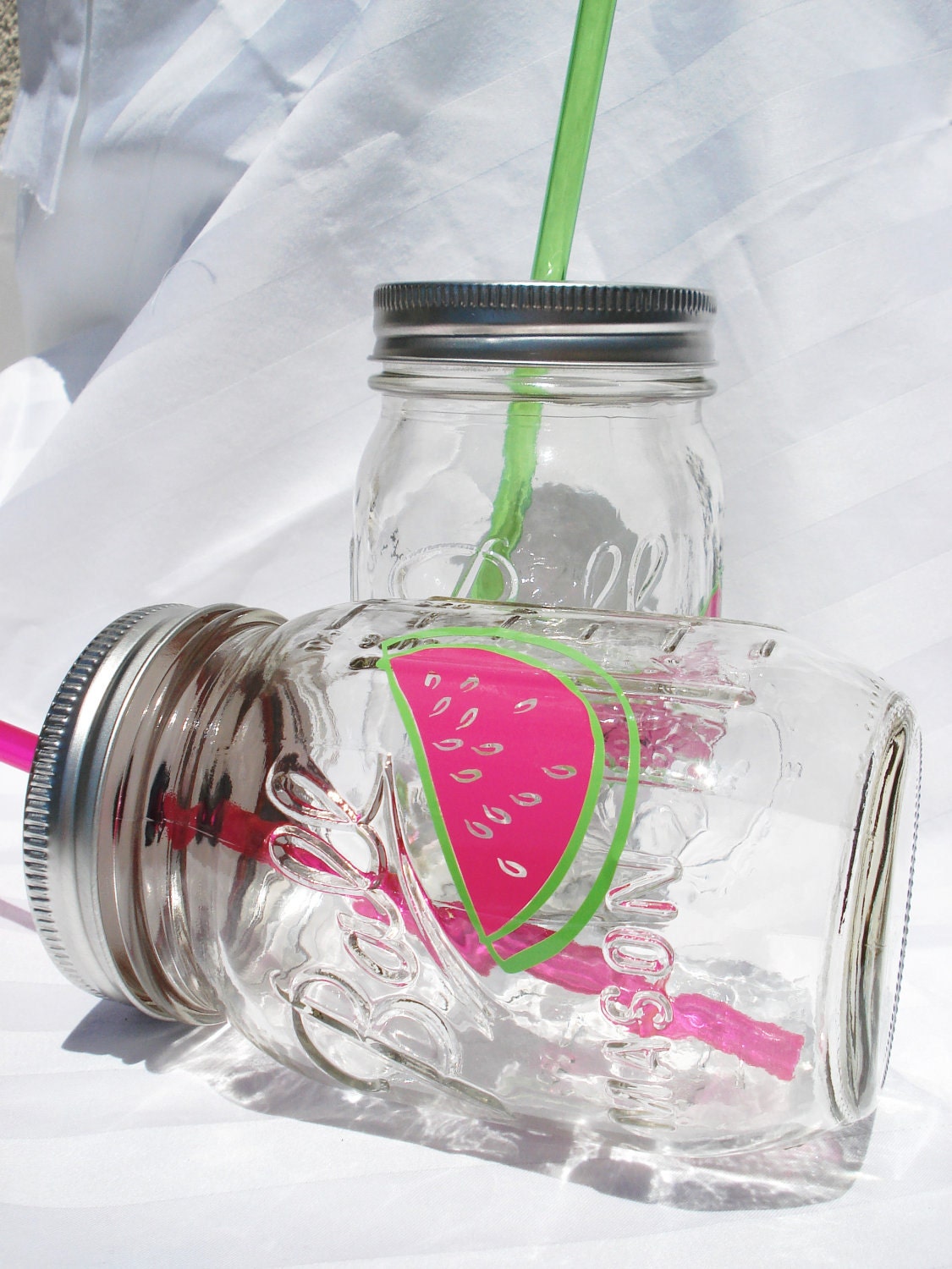 Watermelon Real Simple Mason Jar Drinks with Pink or Lime Green Reusable BPA Free Straw TWO 16oz