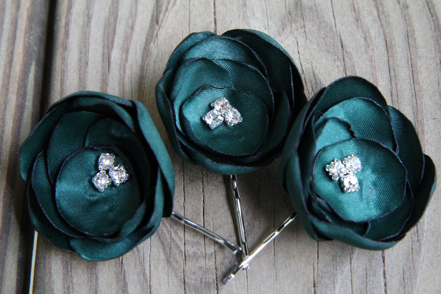 Green Bridesmaid Flower Hair Clips ( Set of 3) - Bridal Hair Flowers - Satin - Crystal - Bridal Hair Accessory - Handmade Headpiece