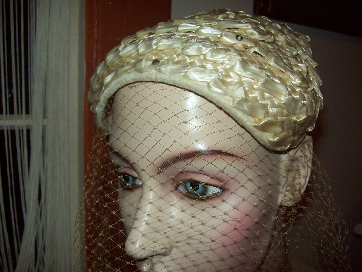 on sale- 40s vintage raffia half-hat with rhinestones and netting