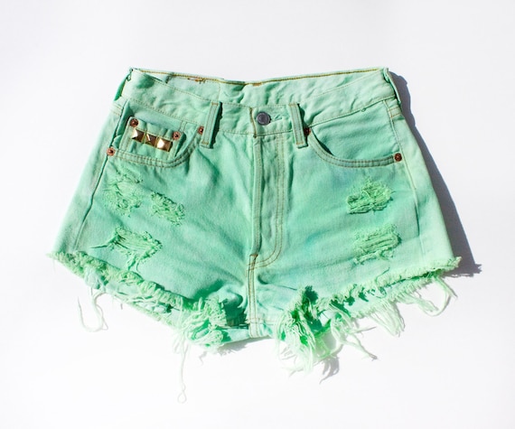 Vintage Levis Pastel Lime Green Cut offs Gold Studs