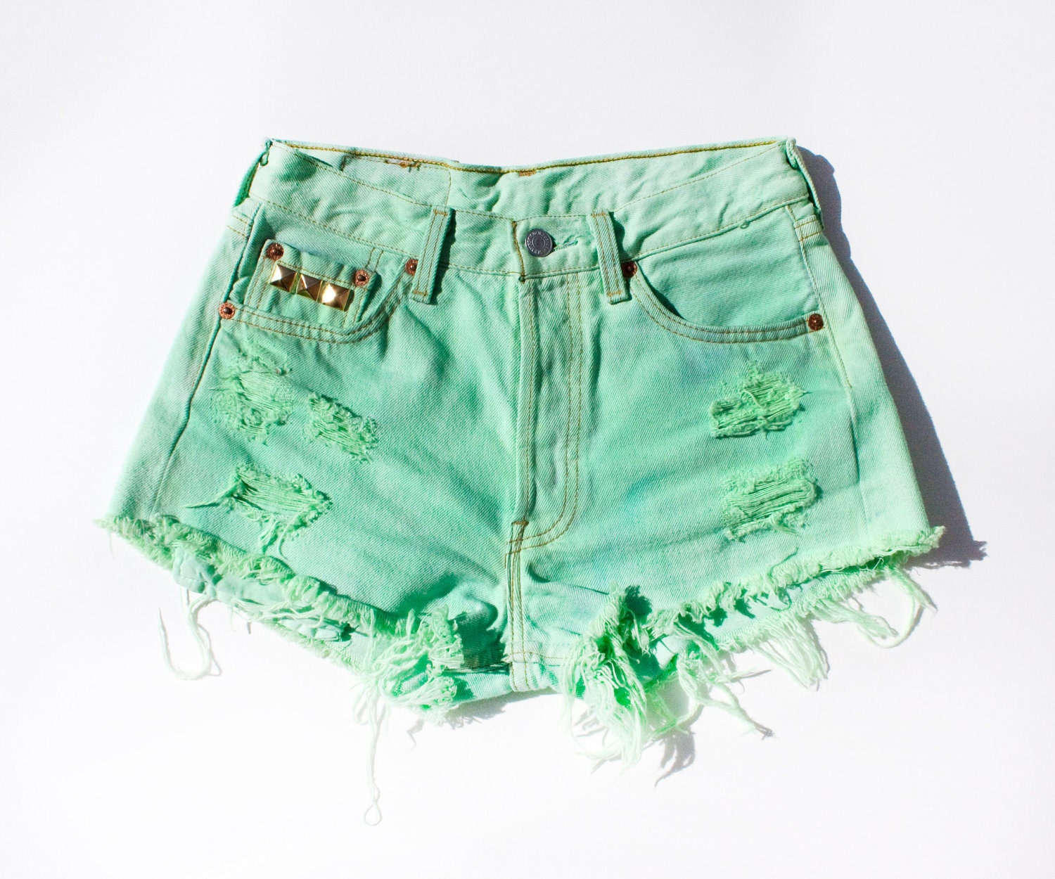 Vintage Levis Pastel Lime Green Cut offs Gold Studs