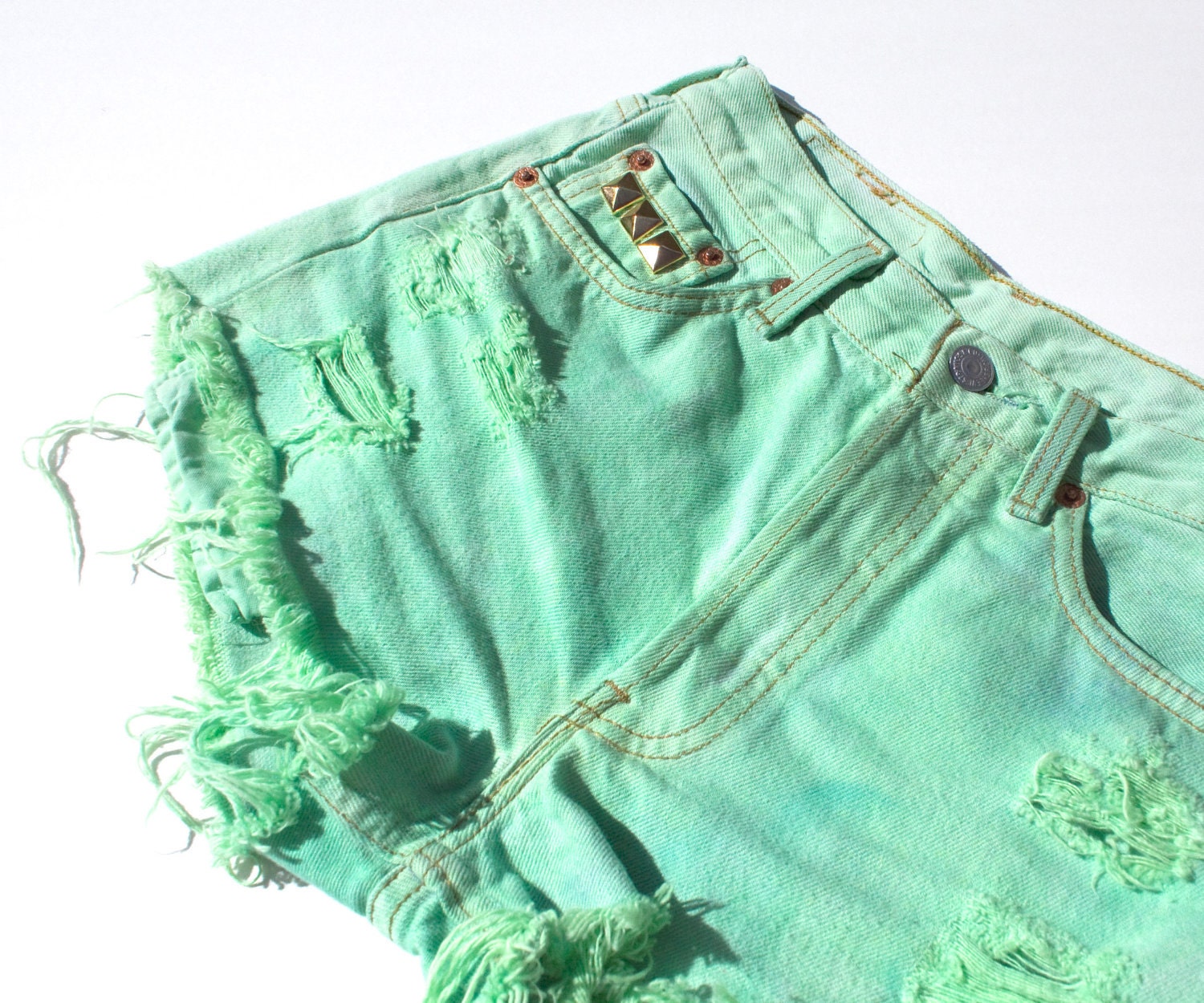 Vintage Levis Pastel Lime Green Cut offs Gold Studs