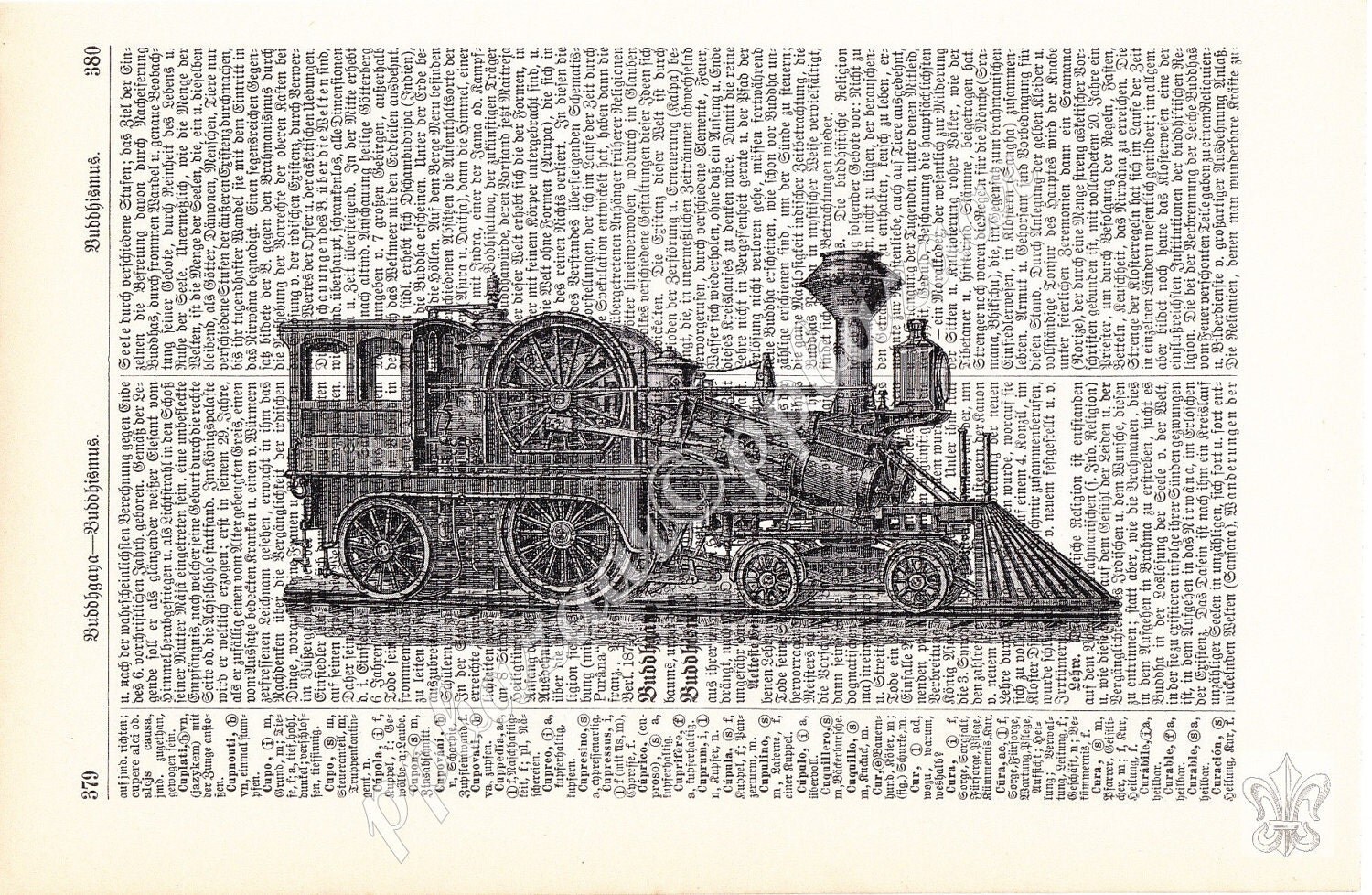 Fontaines Fast Train Locomotive in Canada Vintage Art print on Upcycled Antique Dictionary Page
