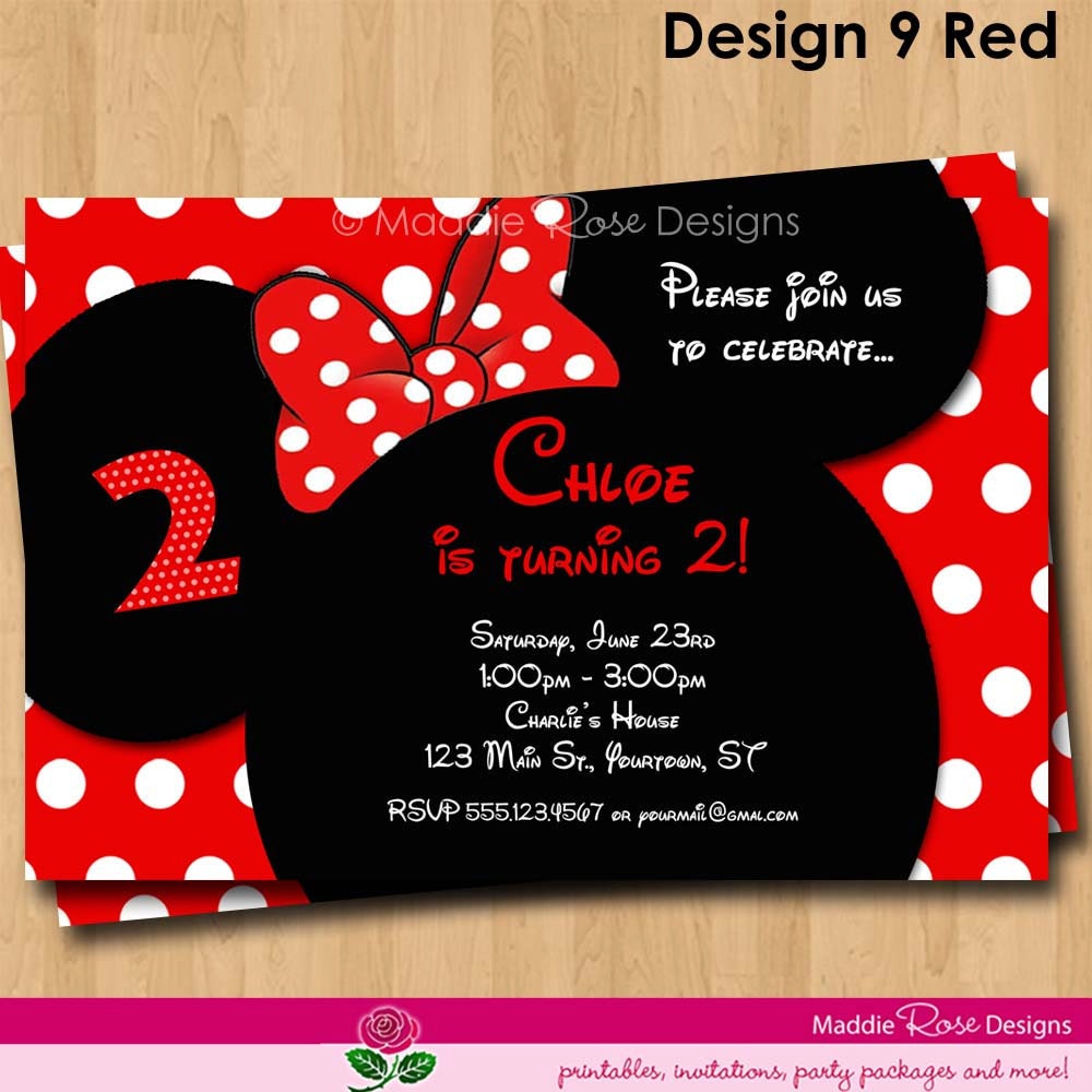 Minnie Mouse Invitation - Red or Pink Birthday Party Printable Invite - You-Print Custom Personalized Digital Photo Card 4x6 or 5x7