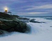 Fine Art Lighthouse Landscape Seascape 12x18 Photo Print Sunrise Surf Rocks Rhode Island Beavertail Artistic Coastal Chic Home Decor