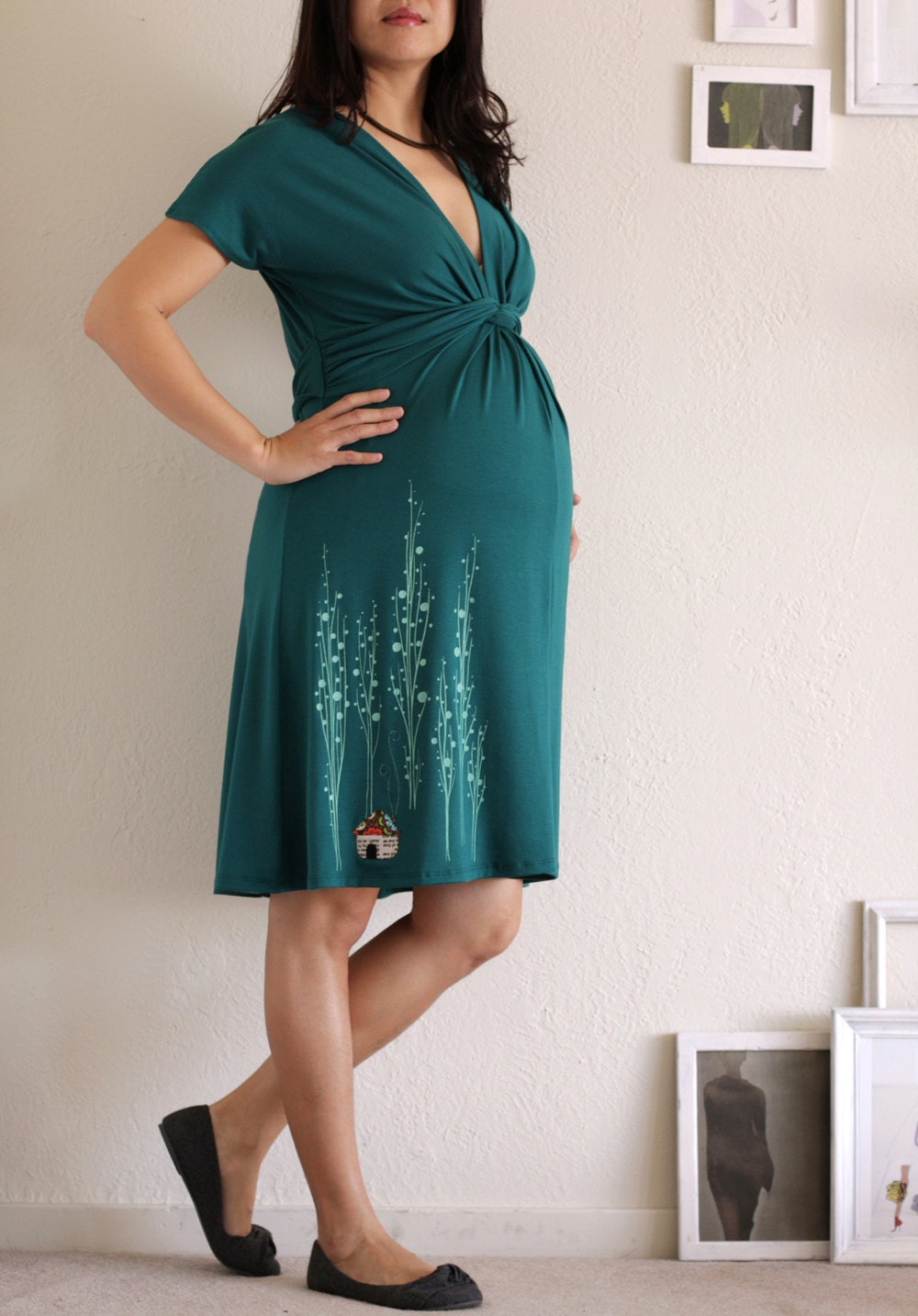 Maternity dress . Teal Green Nursing dress . Super Soft Jersey Knee Length dress - Surrounded by big trees - size Small