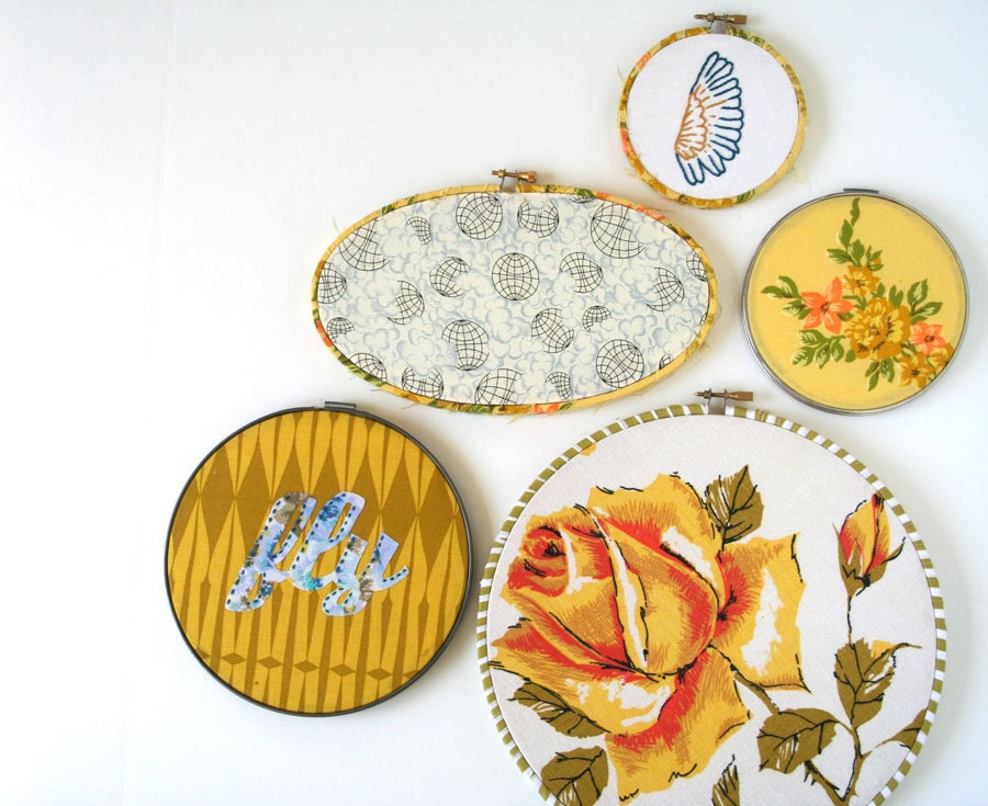 embroidery hoop wall art hanging set of (5): instant collection gallery FLY golds embroidered