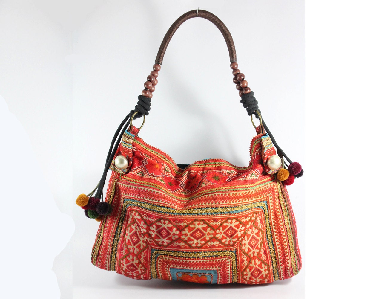 Bohemian shoulder tote bag, Hill tribe Embroidered, Tribal pattern fabric, Vintage look