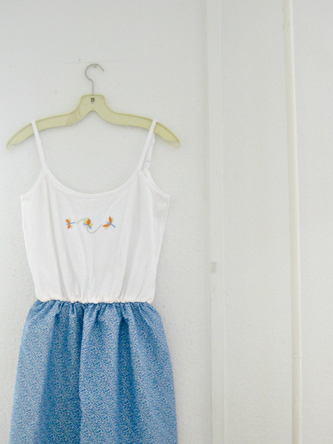 Dragonfly Blue & White Sun Dress: upcycled vintage singlet, floral cotton babydoll