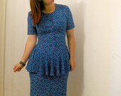 Vintage Rose Peplum Wiggle Dress : royal blue, rose print,  cocktail, party dress size medium large M L