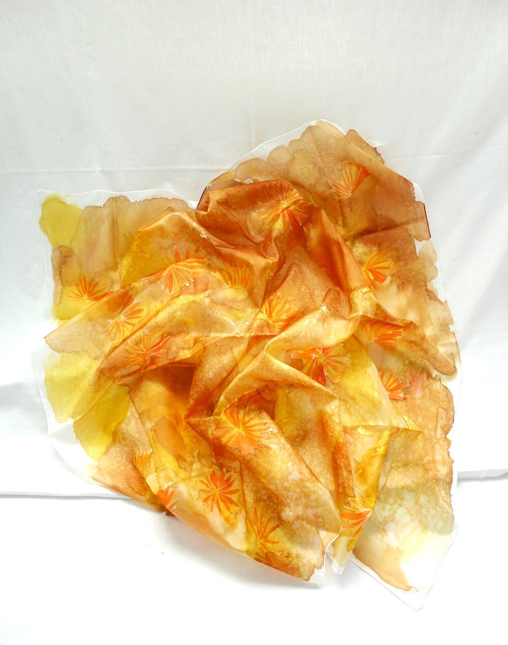 Gold Silk Scarf. Hand Painted square Silk Scarf. Yellow Orange Shawl. Floral Fashion. Silk Scarves. 35x35in. (90x90cm). Ready to Ship. - TeresaMare