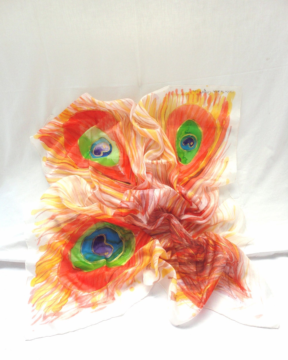 ADELPHA. Hand Painted square Silk Scarf. Hand dyed Orange, Green Shawl Wrap. Peacock Fashion. 35,4 x 35,4 in. (90x90cm). Ready to Ship.
