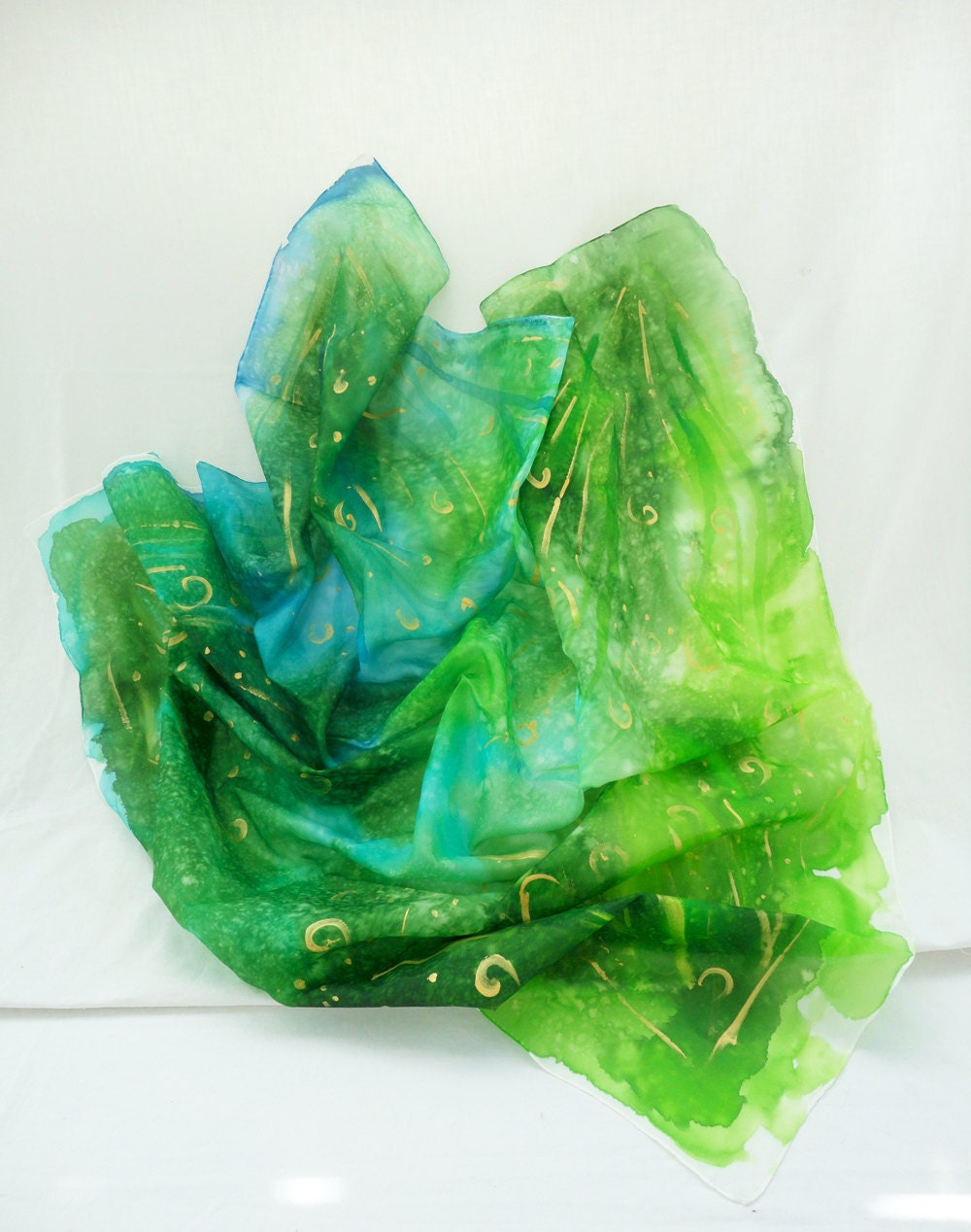 XENIA. Hand Painted square Silk Scarf. Hand dyed Green Turquoise Silk Shawl. Forest Woodland Fashion. 35,4x35,4 in.(90x90cm). Ready to Ship.
