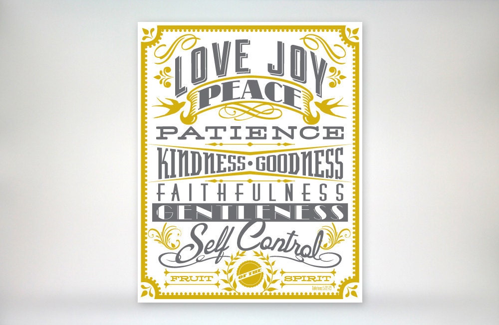 11x14 art print - Fruit of the Spirit - Gold & Grey Typography Poster Print - Galatians Scripture Bible Verse