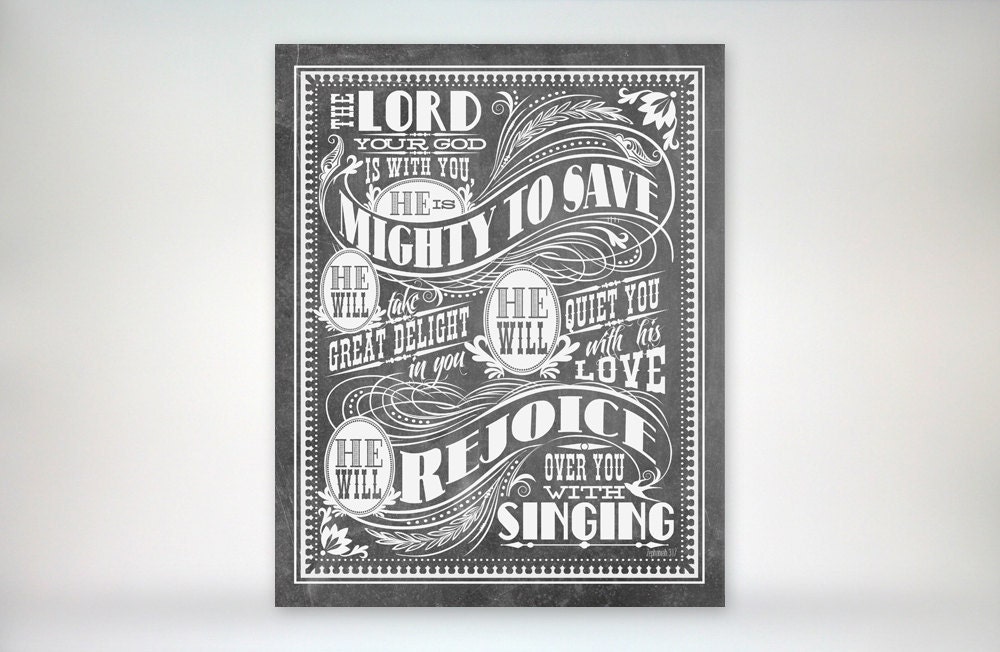 8x10 art print - Mighty To Save - Grey Chalkboard / Blackboard Look, Typography Poster Print - Zephaniah Scripture Bible Verse