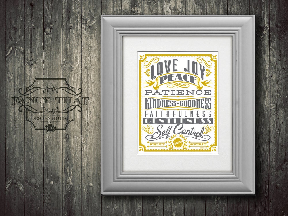 8x10 art print - Fruit of the Spirit - Gold & Grey Typography Poster Print - Galatians Scripture Bible Verse