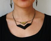 LAST ONE Floating Triangle Reversible black/gold upcycled leather and antiqued brass metal chain necklace