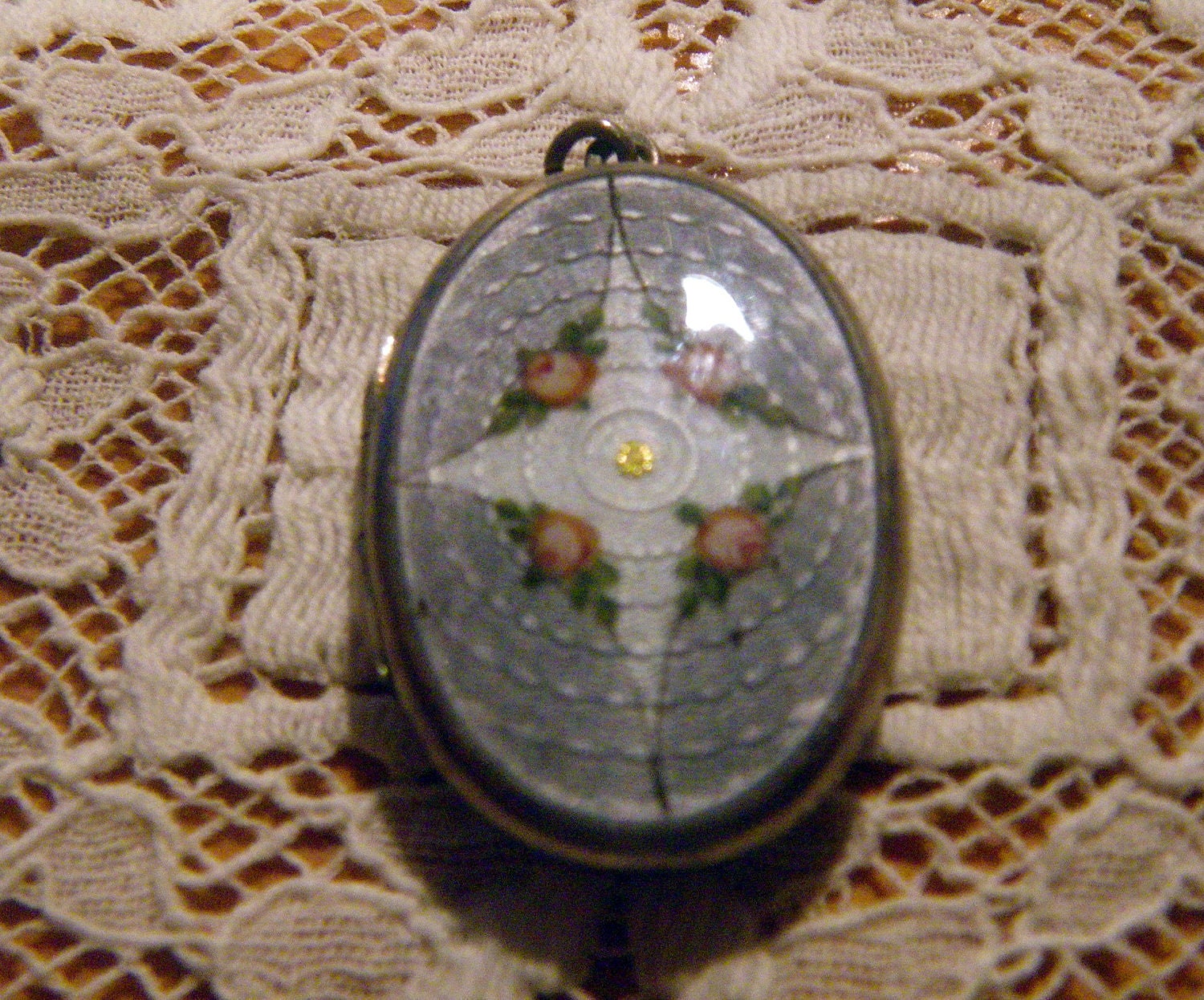 Edwardian Sterling Silver Guilloche Enamel Picture Locket w/ Roses